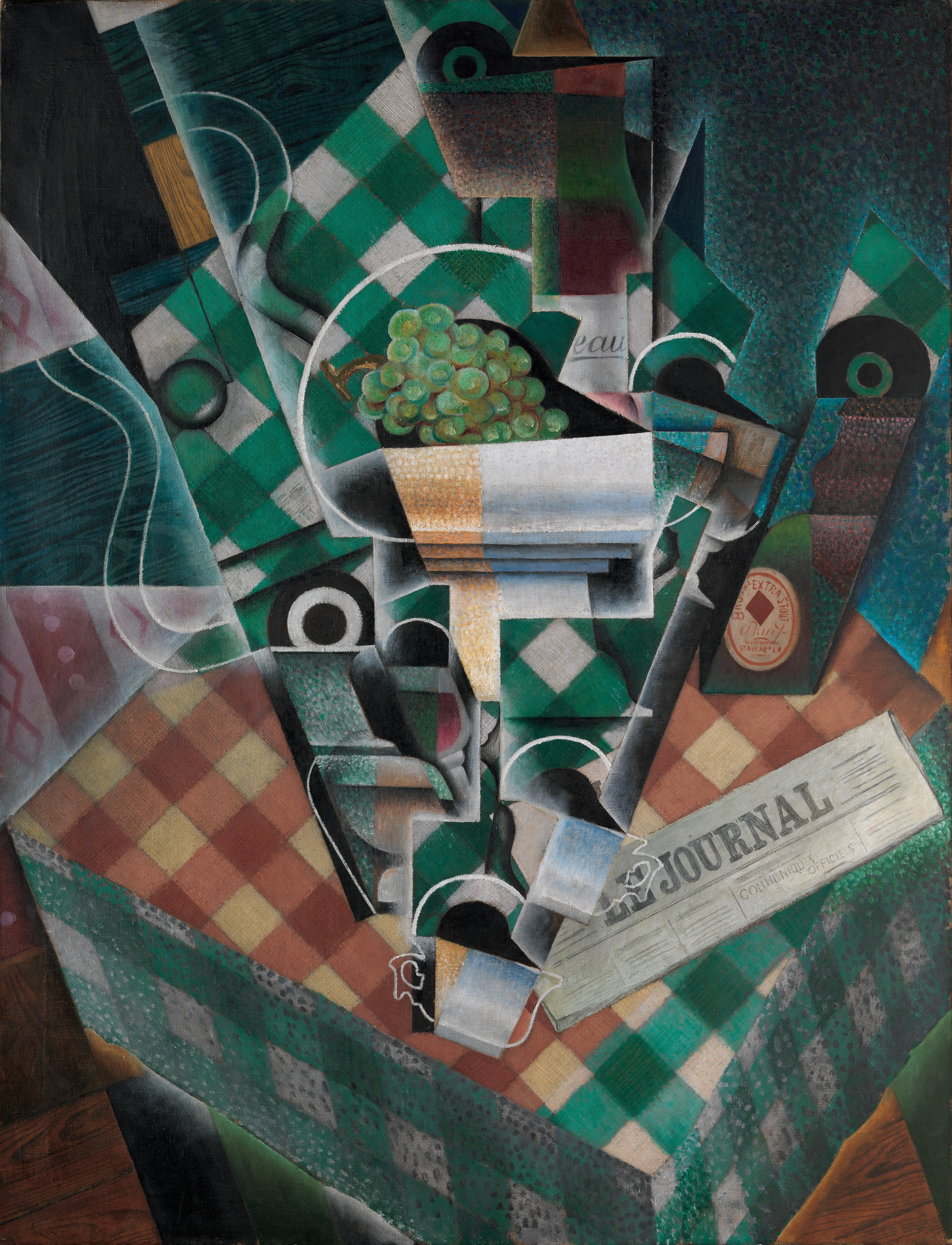 Juan Gris , 1915, Nature morte à la nappe à carreaux  (Juan Gris [Public domain], via Wikimedia Commons)